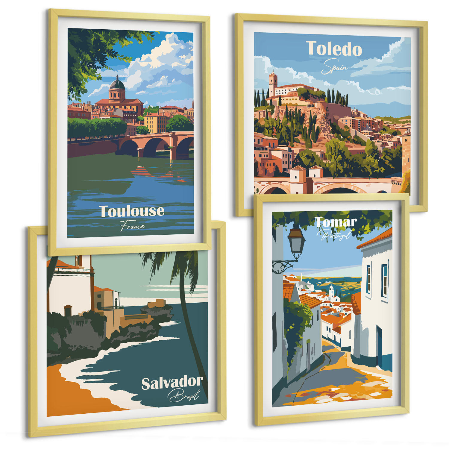 BILDER SET 4er Set - 50x50 cm & 40x60 cm Goldrahmen - Retro-Stadtgrafiken - Goldfarben, Kunststoff (50/50cm) - TULUP
