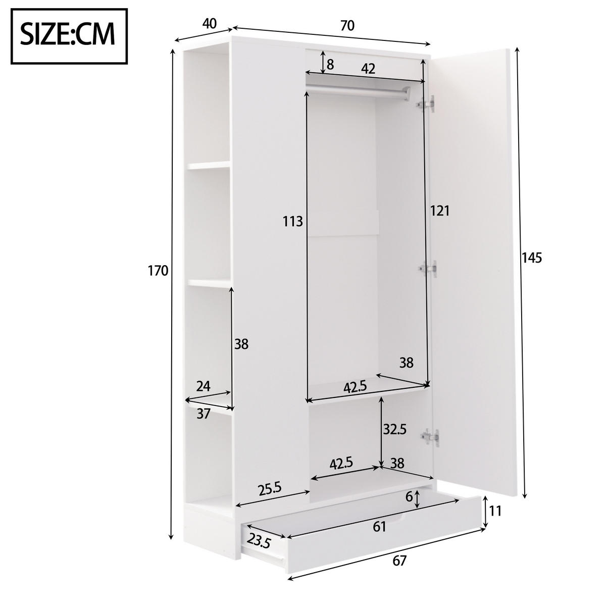 KLEIDERSCHRANK 70x40x170cm 1 Tür Einlegeböden Weiß - Weiß, Holz (70/170/40cm) - FLIEKS