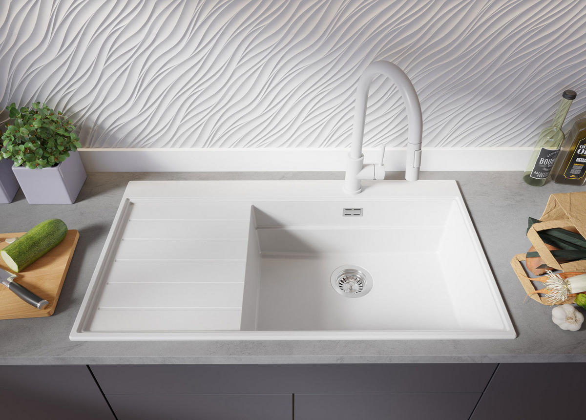 SPÜLBECKEN Sydney, 2-er set Weiß 90/50 cm 1 Becken + Ablauf-Set + Küchenzubehörset ab 60er Unterschrank - Chromfarben/Beige, Kunststoff (90/20/50cm) - Primagran