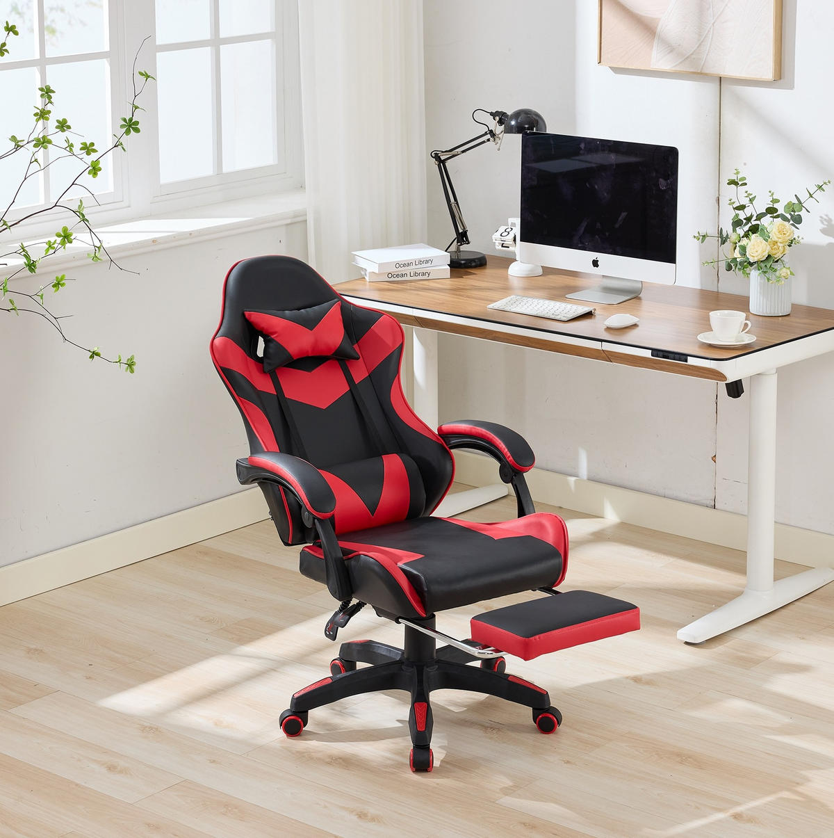 DREHSTUHL B64 / T58 / H116.5-126 cm, Rennsport-Design, gepolstertes PVC-Leder, höhenverstellbar und drehbar, Schwarz/Rot - Rot, Kunststoff (58/116.5/64.5cm) - Redom