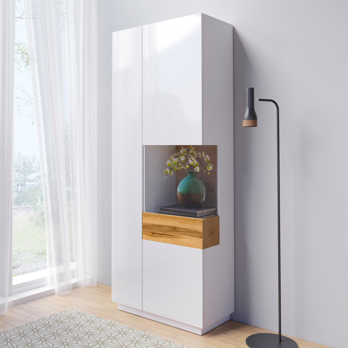 VITRÍNA Andrea Bílá a dřevo - bílá, kompozitní dřevo (80/207/40cm) - Petits-meubles