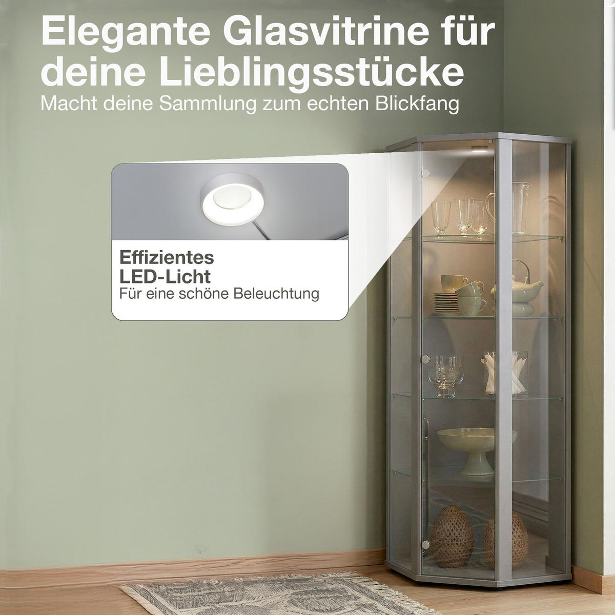 ECKVITRINE 56,5/56,5/176 cm mit LED - Transparent/Silberfarben, Glas/Holzwerkstoff (56.5/176/56.5cm) - K-Möbel