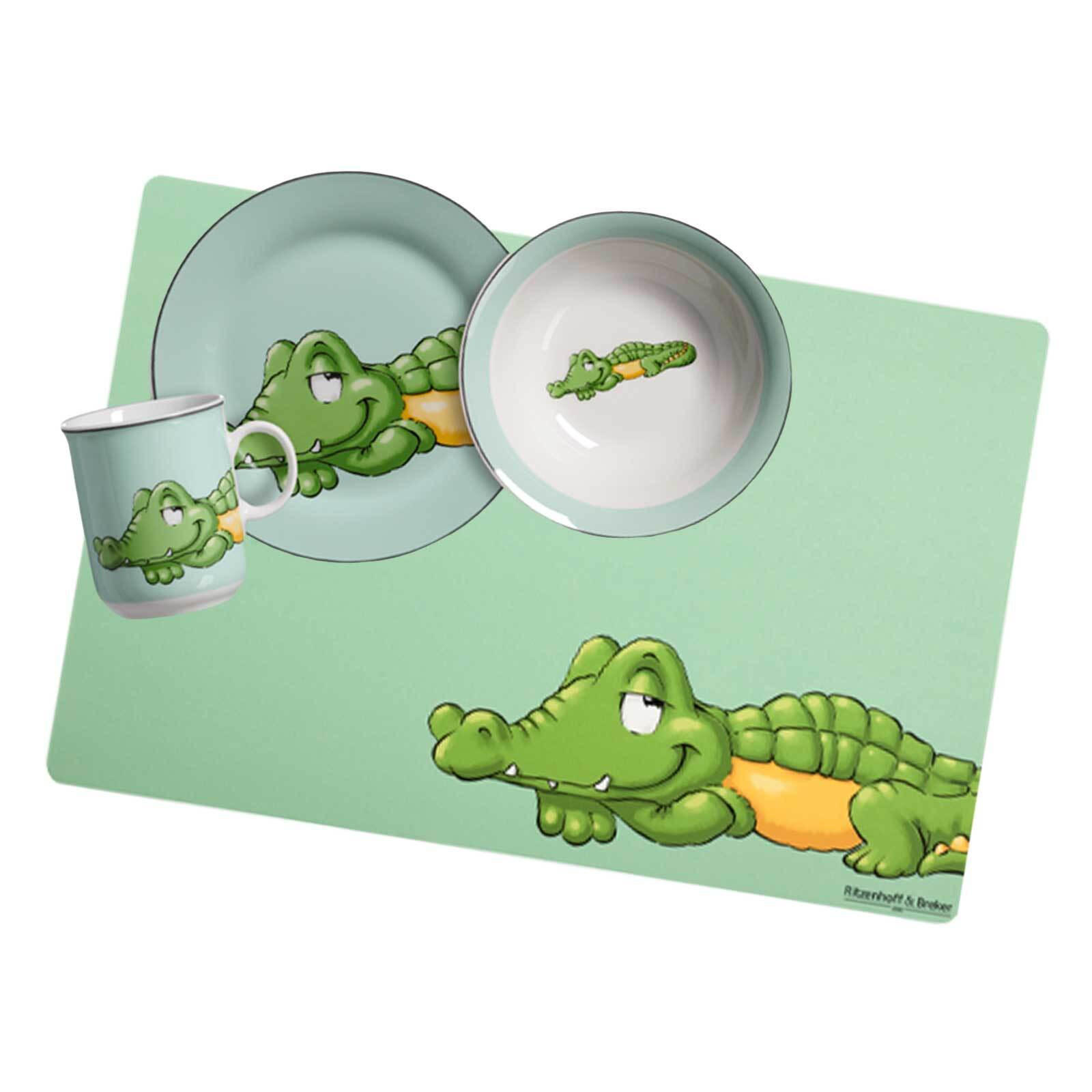 KINDERGESCHIRR + TISCHMATTE Happy Zoo Krokodil 4er Set - Grün, Keramik (1/1/1cm) - Ritzenhoff Breker