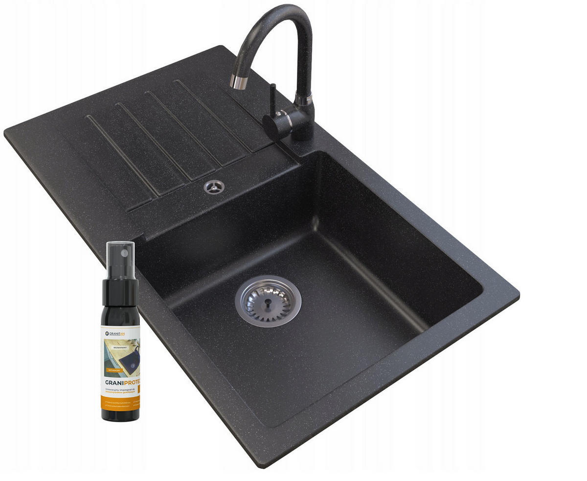 GRANITSPÜLE Trix mit Batterie Siphon - Schwarz, Kunststoff/Stein (44/16/76cm) - Granitan