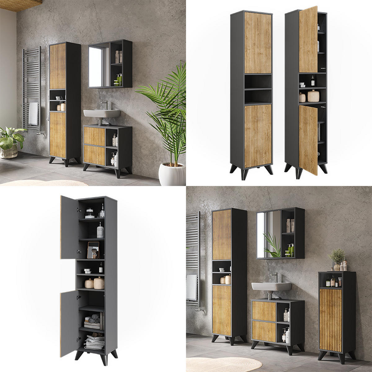 BADSCHRANK Leano Anthrazit/Bergeiche 38 x 180 cm mit 2 Türen - Eichefarben/Anthrazit, Holzwerkstoff (38/180/30cm) - Vicco
