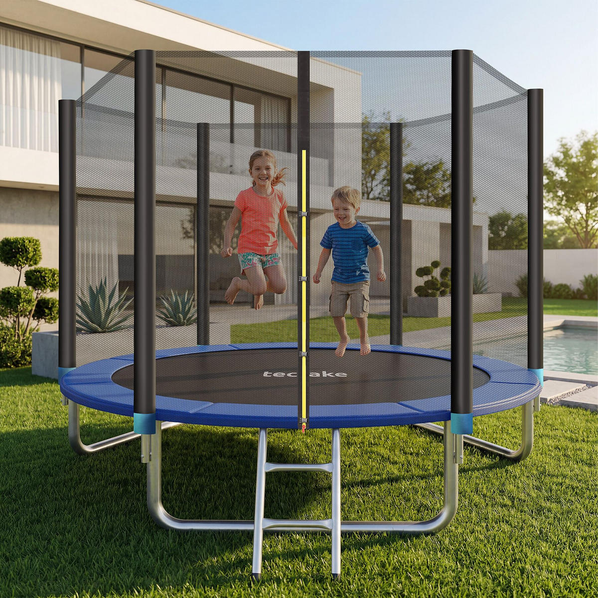 TRAMPOLIN Garfunky, inklusive Einstiegsleiter, schwarz/blau - Blau/Schwarz, Metall (244/239/244cm) - tectake