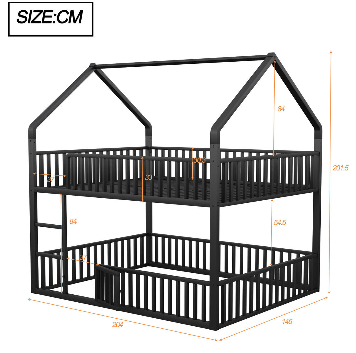 ETAGENBETT 140/200 cm aus Metall in Schwarz mit Hausform und Frontleiter - Schwarz, Metall (140/200cm) - OKMYHOME