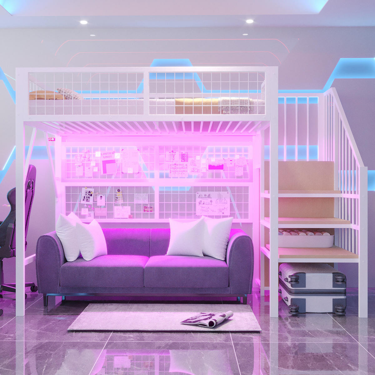 HOCHBETT 90/200 cm Weiß aus Metall mit Stauraumtreppe und LED-Beleuchtung - Weiß, Metall (90/200cm) - OKWISH