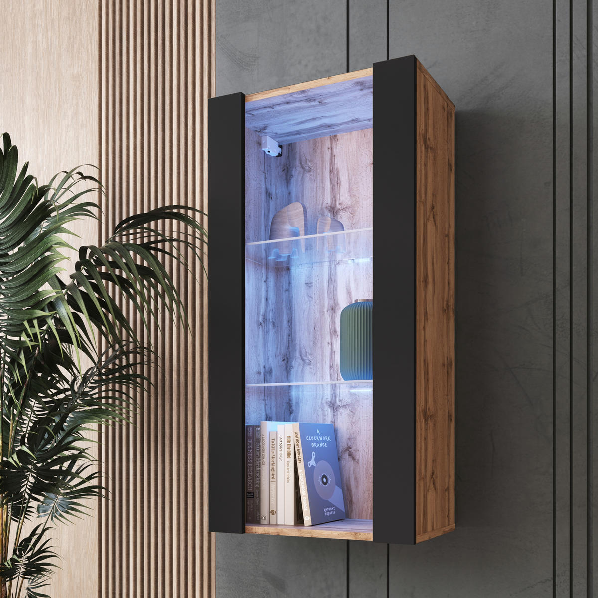 HÄNGEVITRINE TIVOLI Vertical 100, Schwarz, LED Blau - Eiche Wotan/Schwarz, Glas/Holzwerkstoff (50/100/29.5cm) - Komodee