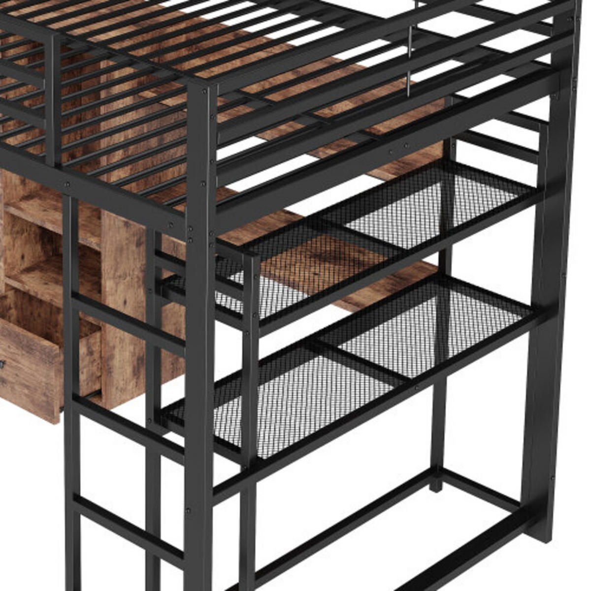 HOCHBETT 140 × 200 cm aus Metall und MDF mit Schreibtisch, Stauraumschublade und 16-Farben-LED-Leiste, schwarz - Schwarz, Holzwerkstoff - Luhomfu