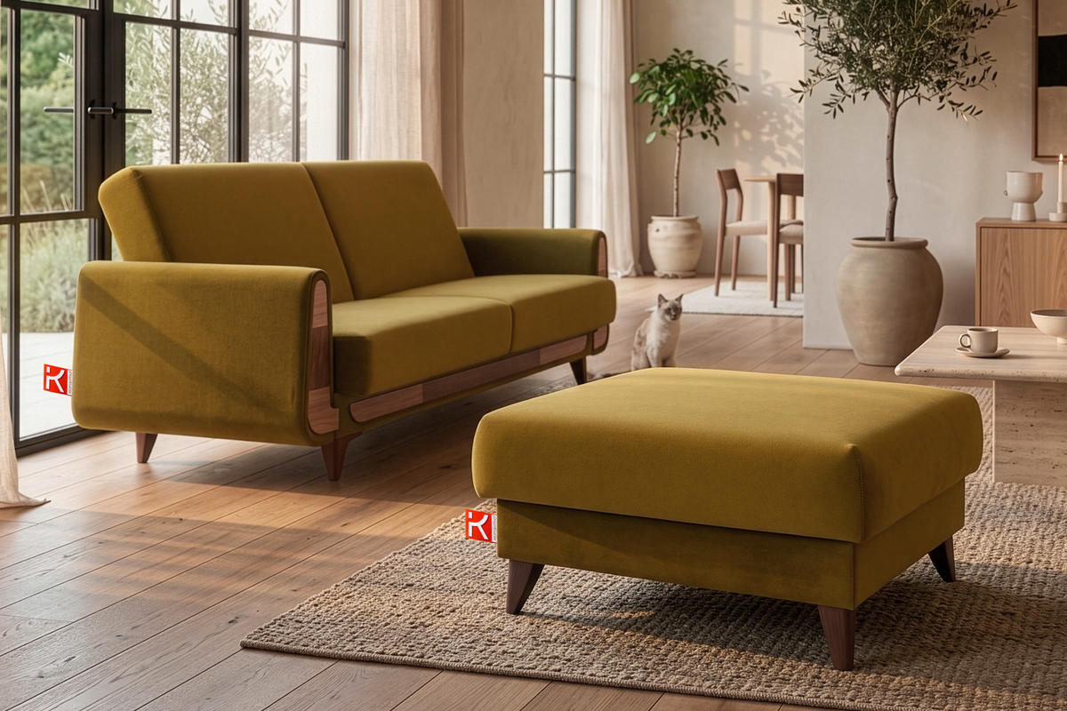 HOCKER GUSTAVO Velours, Gelb - Gelb, Holz/Holzwerkstoff (92/49/92cm) - KONSIMO®