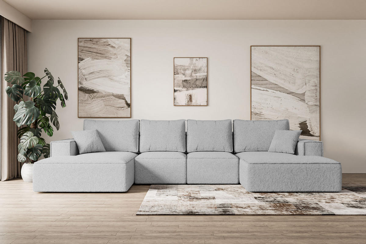 WOHNLANDSCHAFT mit Schlaffunktion und Bettkasten SIERRA-U-S - 349x161x87 cm Hellgrau Bouclé - Hellgrau/Schwarz, Holzwerkstoff/Kunststoff (349/87/161cm) - ALTDECOR