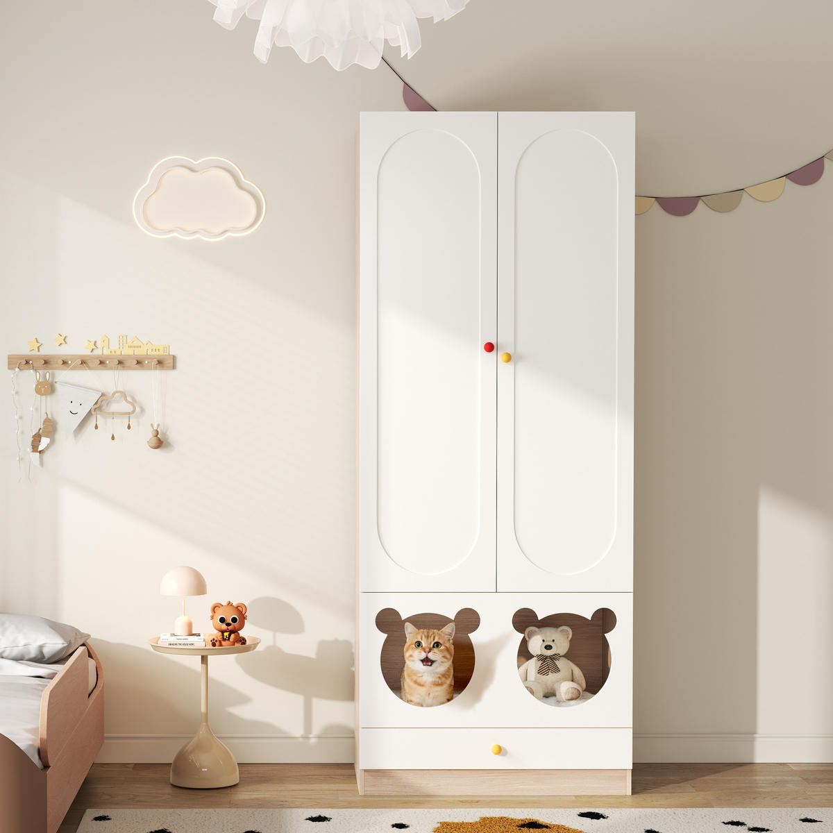 GARDEROBENSCHRANK in Weiß Kinderkleiderschrank mit Bügelstange, Katzenbett & Keramikgriffen,B80/T50/H200cm - Weiß, Keramik/Holzwerkstoff (80/200/50cm) - STILVORA