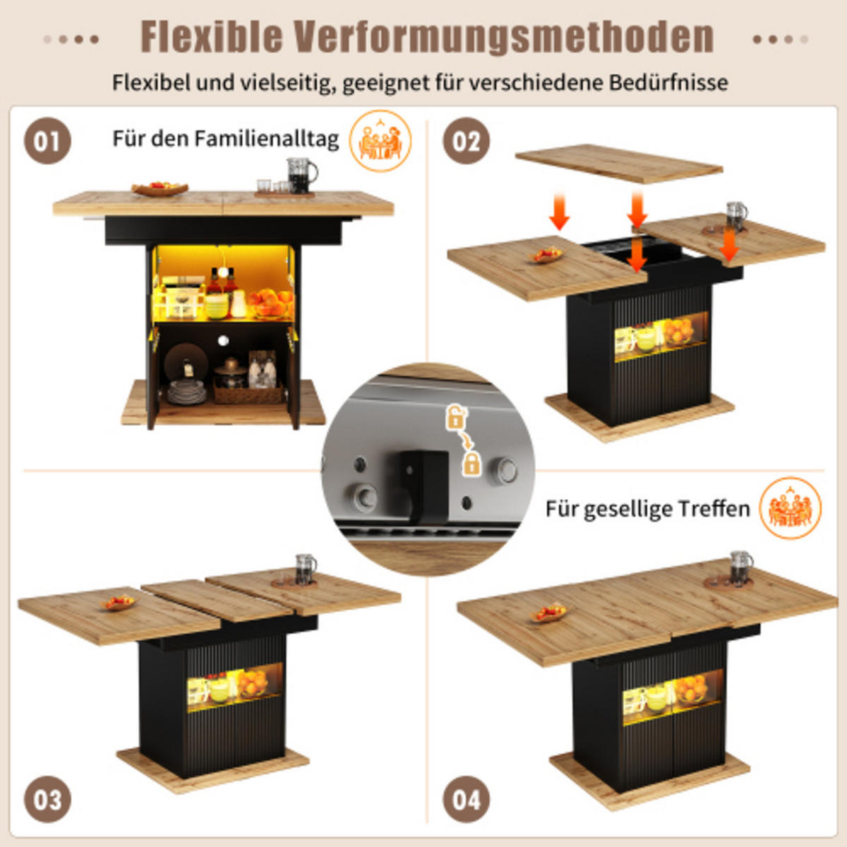 AUSZIEHBARER Esstisch 110-140×80×76 cm aus MDF und Metall mit Stauraum und integrierter LED-Beleuchtung, schwarz - Schwarz, Holzwerkstoff (140/80/76cm) - Luhomfu