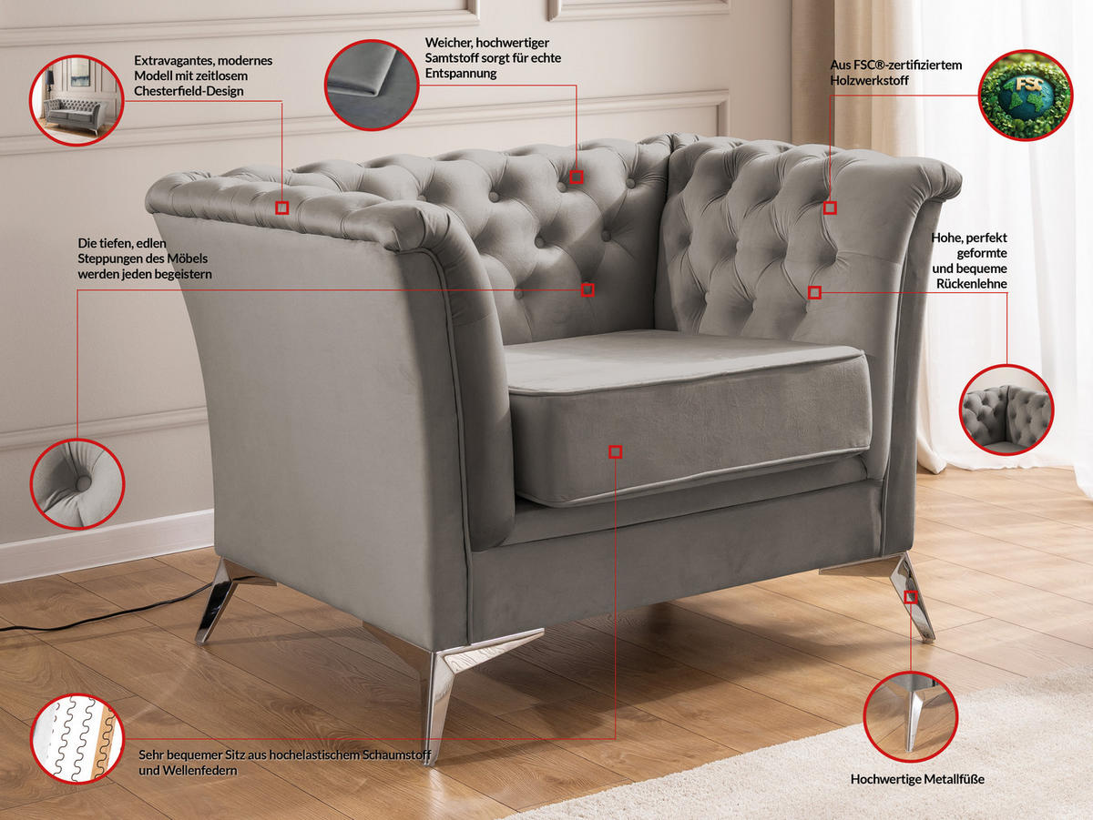 CHESTERFIELD-SESSEL Whitby Grau Samt mit silbernen Füßen - Silberfarben/Grau, Holz/Textil (116/78/82cm) - S-Style Möbel