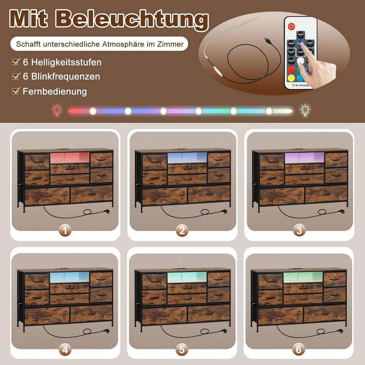KOMMODE mit 8 Schubladen, mit Ladefunktion, Rustikales Braun - Dunkelbraun/Schwarz, Holzwerkstoff/Textil (120/75/36cm) - Woltu
