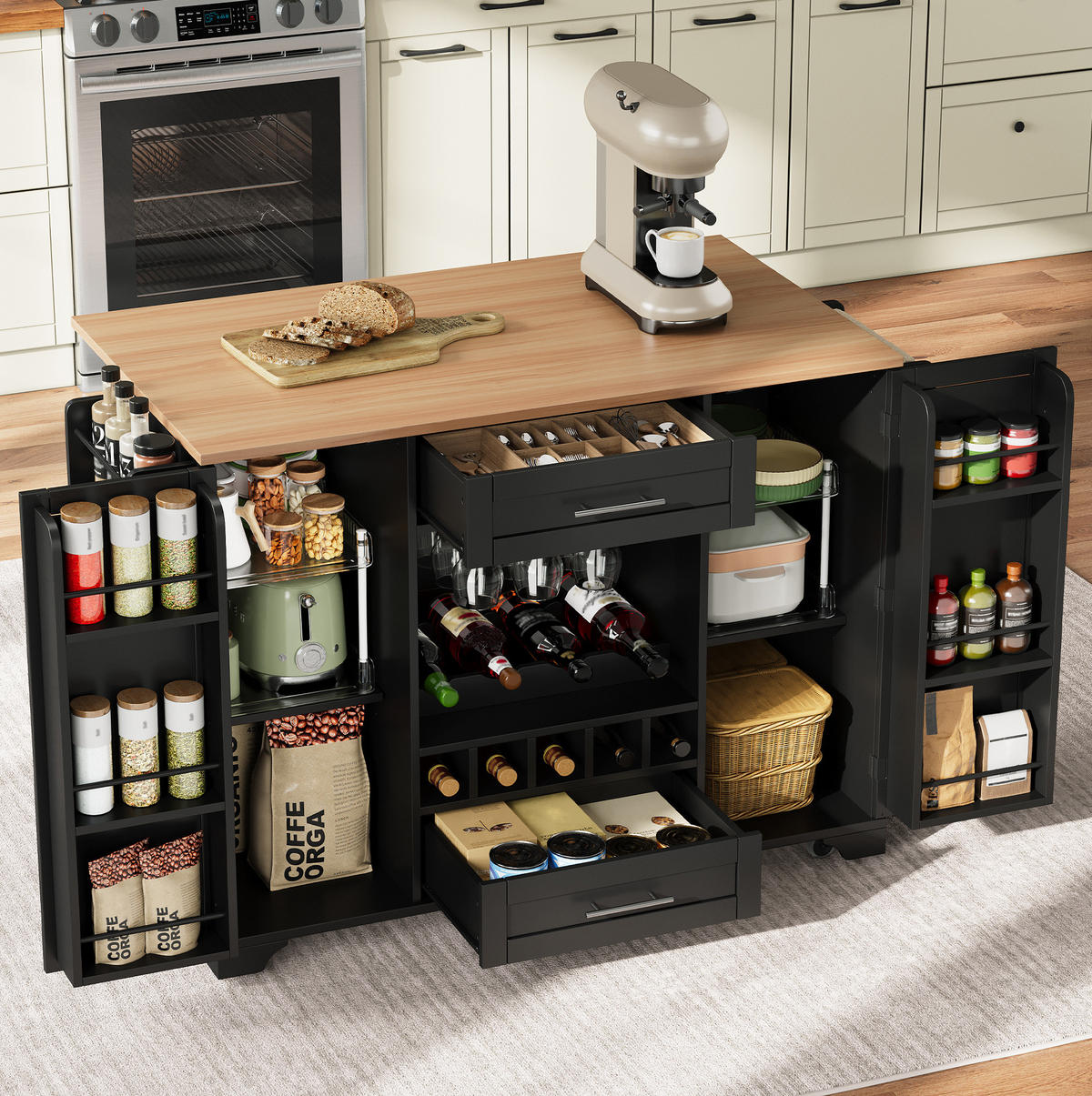 KÜCHENINSEL 138/45(70)/92 cm mit klappbarer Arbeitsplatte, Weinregal und Rollen, MDF, Schwarz/Natur - Schwarz, Holzwerkstoff (138/92/70cm) - Redom