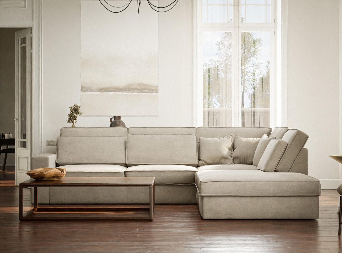 ECKSOFA Kirou Beige Chenille-Stoff - Rechts Seite - Beige/Schwarz, Holz/Holzwerkstoff (311/225cm) - Maison de Reve