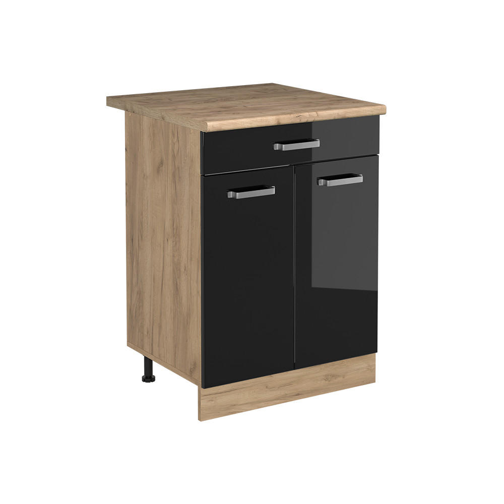 KÖKSUNDERSKÅP R-Line, Svart högblank/Goldkraft ek, 60 cm med låda Auksinis ąžuolas stalviršis Svart högglans, Honungsek 81.6/60/60 cm