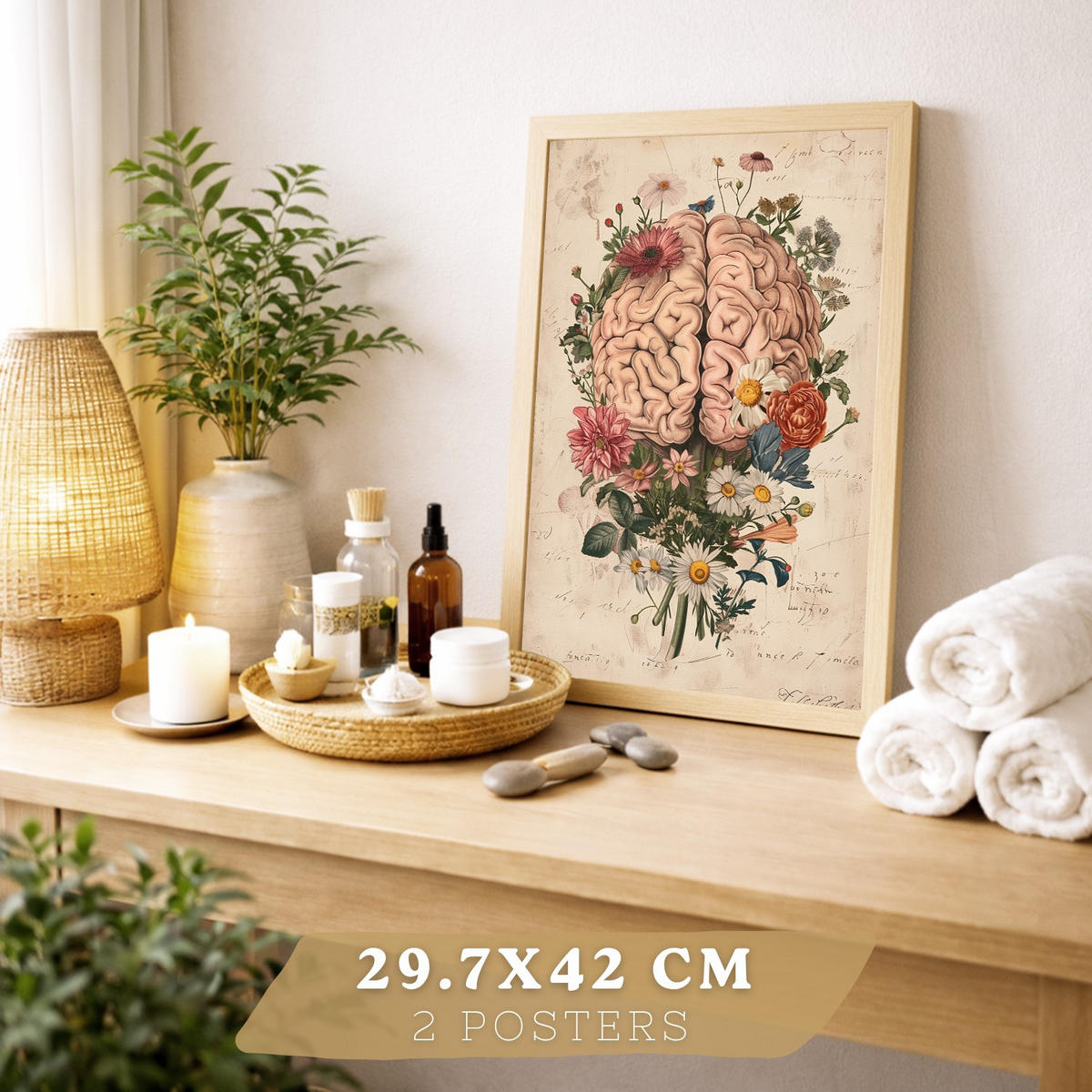 POSTER Set aus 2 Weibliche Anatomie Drucke und Wandbilder mit Gehirn und Gebärmutter Botanischer Retro Floraler Stil Größe Leichter Holzrahmen A3 - Beige, Papier (29.7/42/3cm) - Nacnic