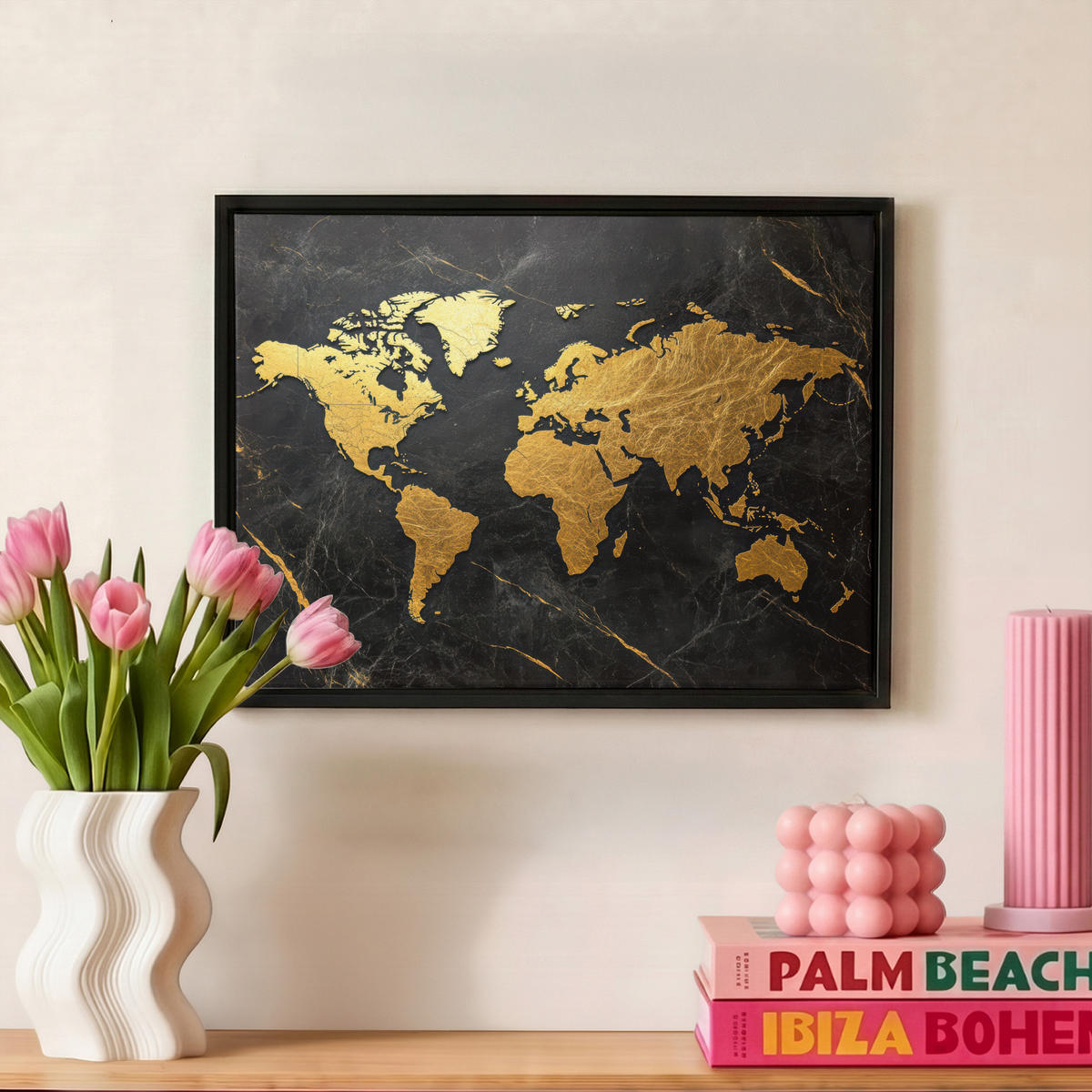 LEINWAND Bilder mit Rahmen - Weltkarte - Gold - Marmor - 40x30 - Goldfarben, Textil (40/30cm) - MuchoWow