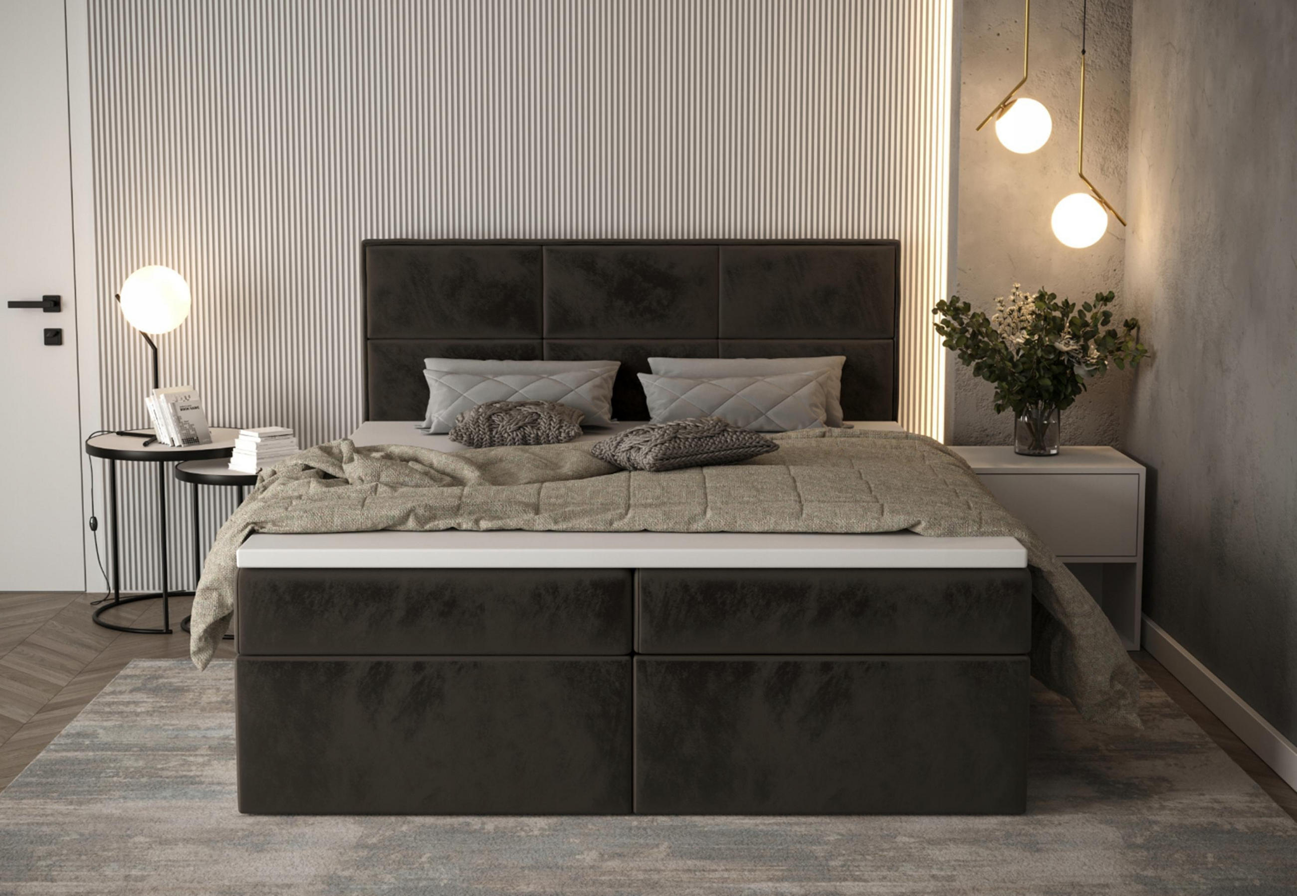 BOXBETT Gallese 140/200 cm in Braun – mit Bettkasten und Topper - Schwarz/Braun, Holz/Holzwerkstoff (140/200cm) - AX Living