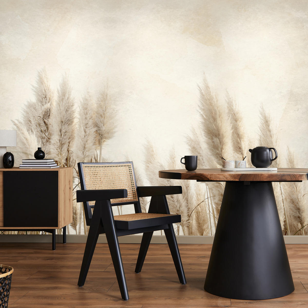 FOTOTAPETE für Schlafzimmer Boho Pampasgras Beton Pflanzen Vintage 250x175 - Beige/Braun, Papier (250/175cm) - Muralo