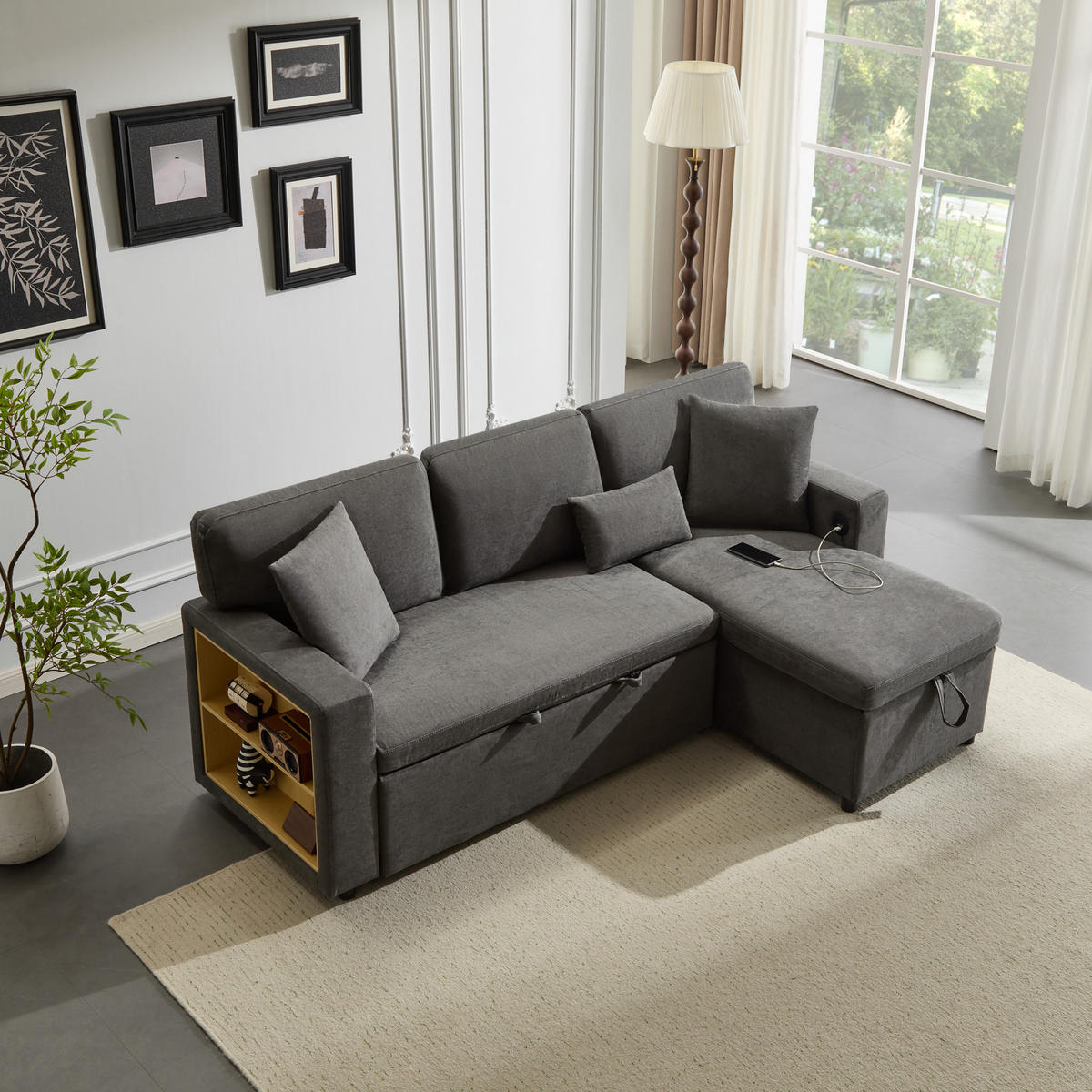 ECKSOFA mit Schlaffunktion und integriertem USB-Anschluss Dunkelgrau Oxford-Stoff 214/131/87 cm - Dunkelgrau, Textil (215/131cm) - OKWISH