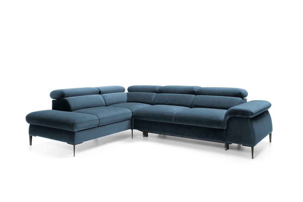 ECKSOFA MESTO Blau Velours-Stoff mit Schlaffunktion - Blau, Holz (280/214cm) - MASSENO