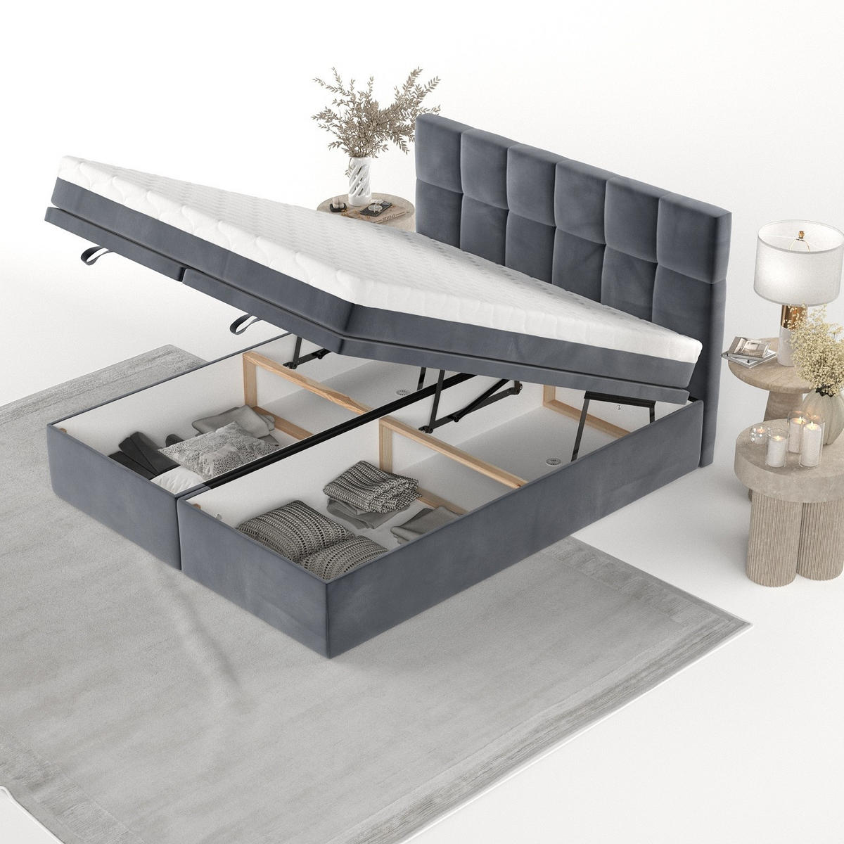 BOXBETT Elano 200/200 cm Dunkelgrau im Kronos Stoff - Dunkelgrau/Schwarz, Holz/Holzwerkstoff (200/200cm) - AltaBeds