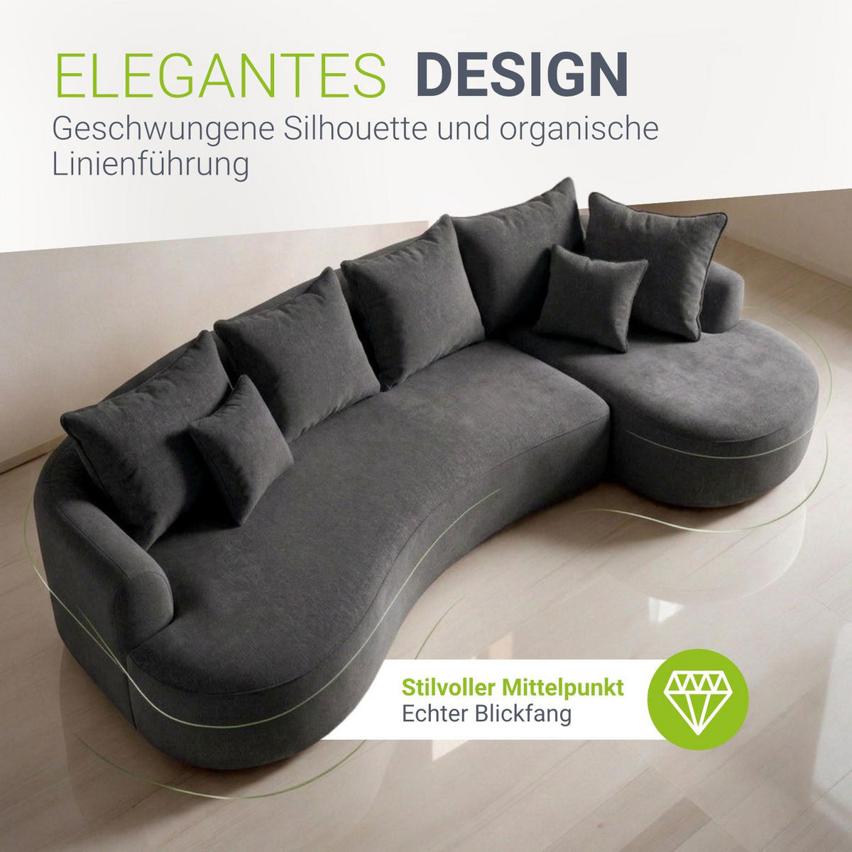 SOFA Tirano Samt Dunkelgrau mit Ottomane rechts - Dunkelgrau, Textil (300/102cm) - Juskys