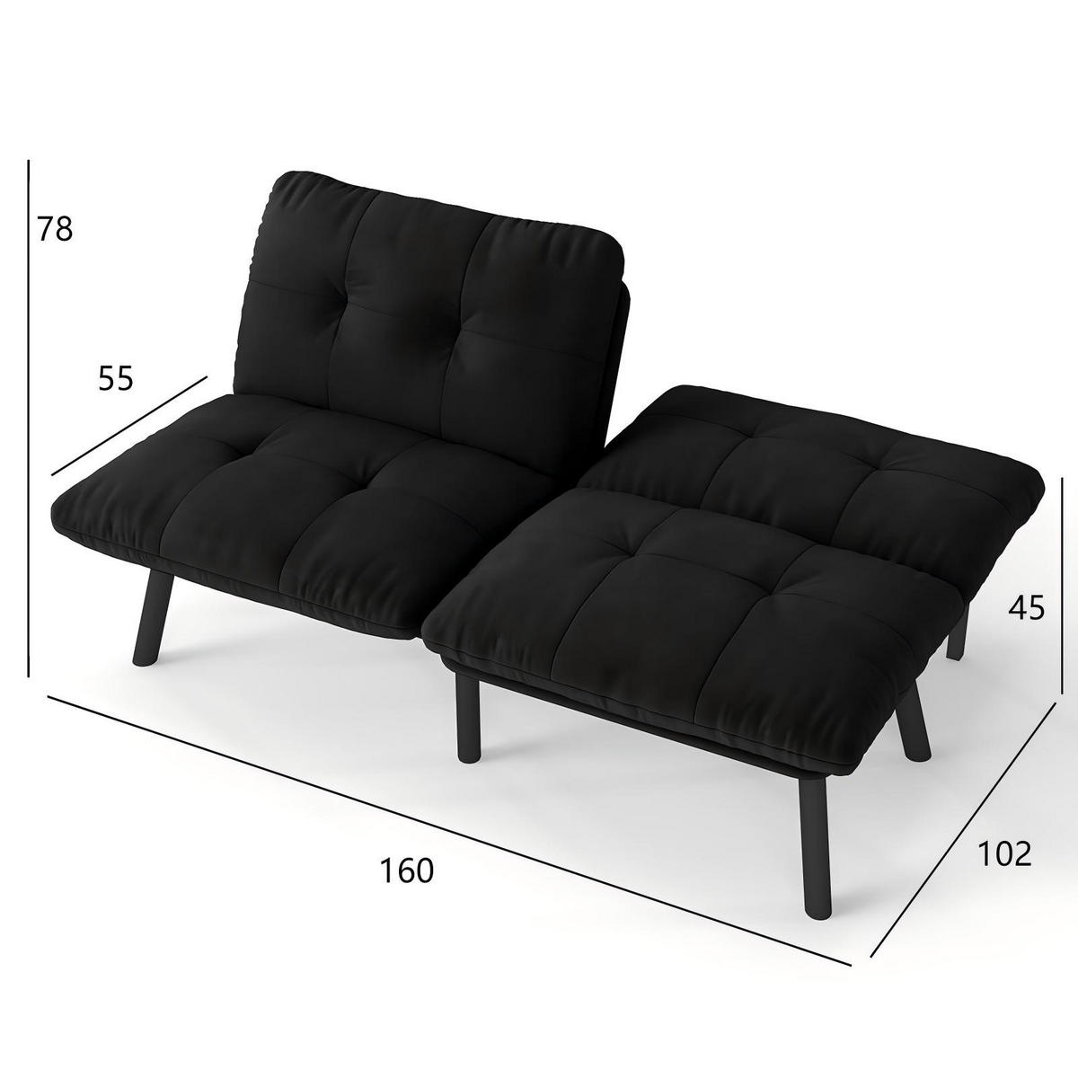 2-SITZER SCHLAFSOFA Samt Schwarz klappbar - Schwarz, Textil/Metall (160/78/81cm) - WISHDOR