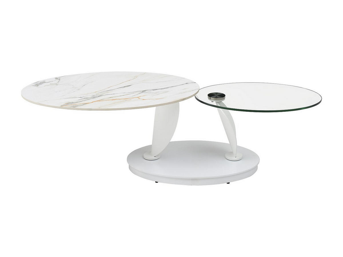 COUCHTISCH mit drehbaren Tischplatten - Keramik, Sicherheitsglas & Metall - Marmor-Optik Weiß - MANEYA - Weiß, Glas (150/60/43cm) - Vente-Unique