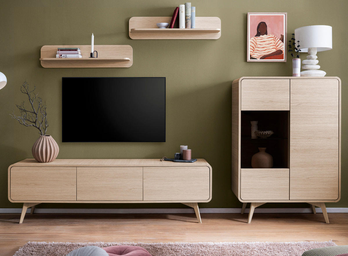 WOHNWAND Eiche natur 4-teilig 290 cm, Wohnkombination mit Push-to-Open - Eichefarben, Glas/Holz (290/170/39cm) - Furn.Design