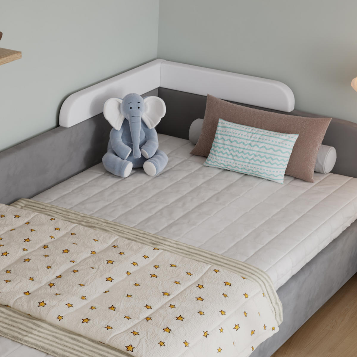 KINDERBETT 90/200 cm in Weiß & Grau Samt mit Bettkasten und Aufbewahrungstasche - Weiß/Grau, Holzwerkstoff/Textil (90/200cm) - WISHDOR