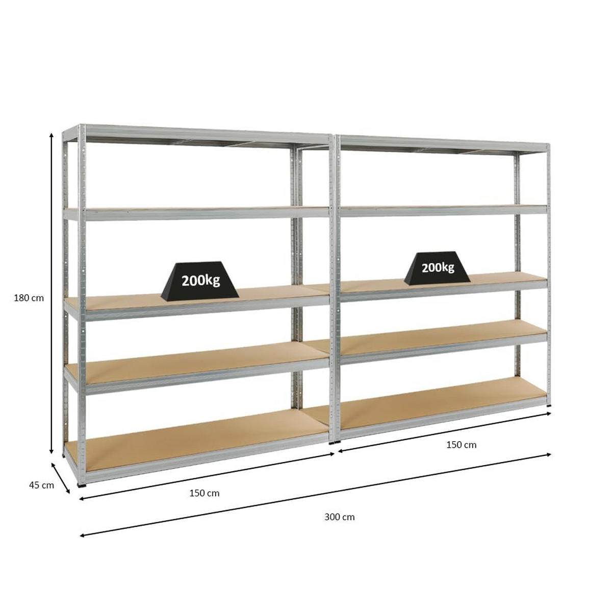 SCHWERLASTREGAL Giant Elephant 2er-Set mit 2x 180x150x45 cm Fachlast 200 kg Verzinkt - Silberfarben, Metall (300/180/45cm) - PROREGAL