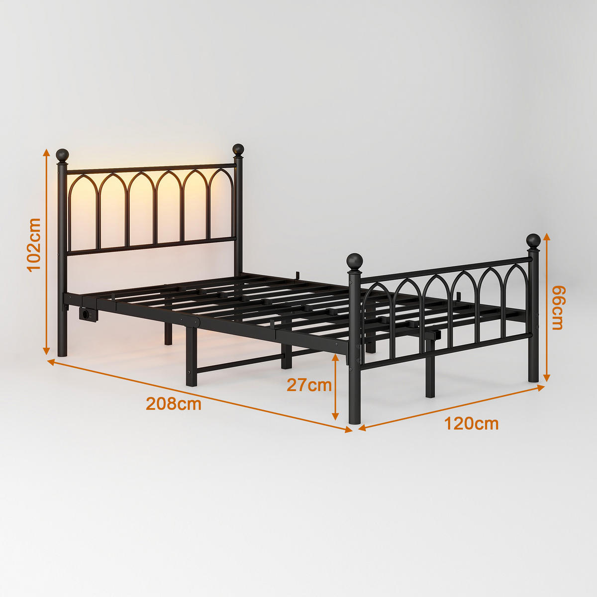 METALLBETT 120x200 cm LED USB schwarz - Schwarz, Metall (120/200cm) - LEBENLANG