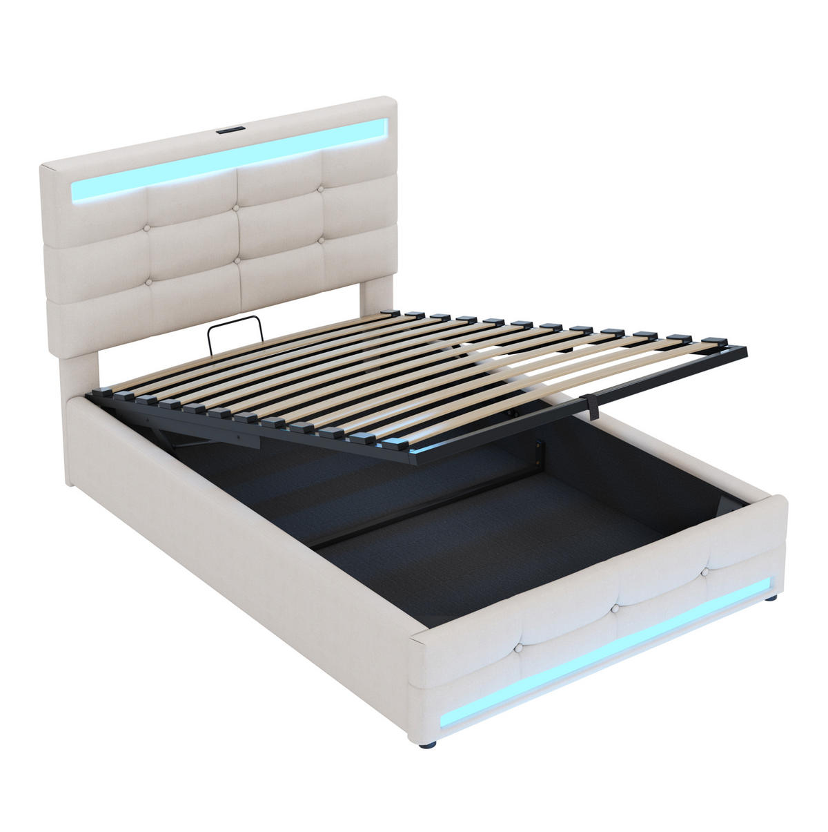 POLSTERBETT aus Leinen 90x200 cm in Beige mit LED & USB - Beige, Textil (90/200cm) - Modfu