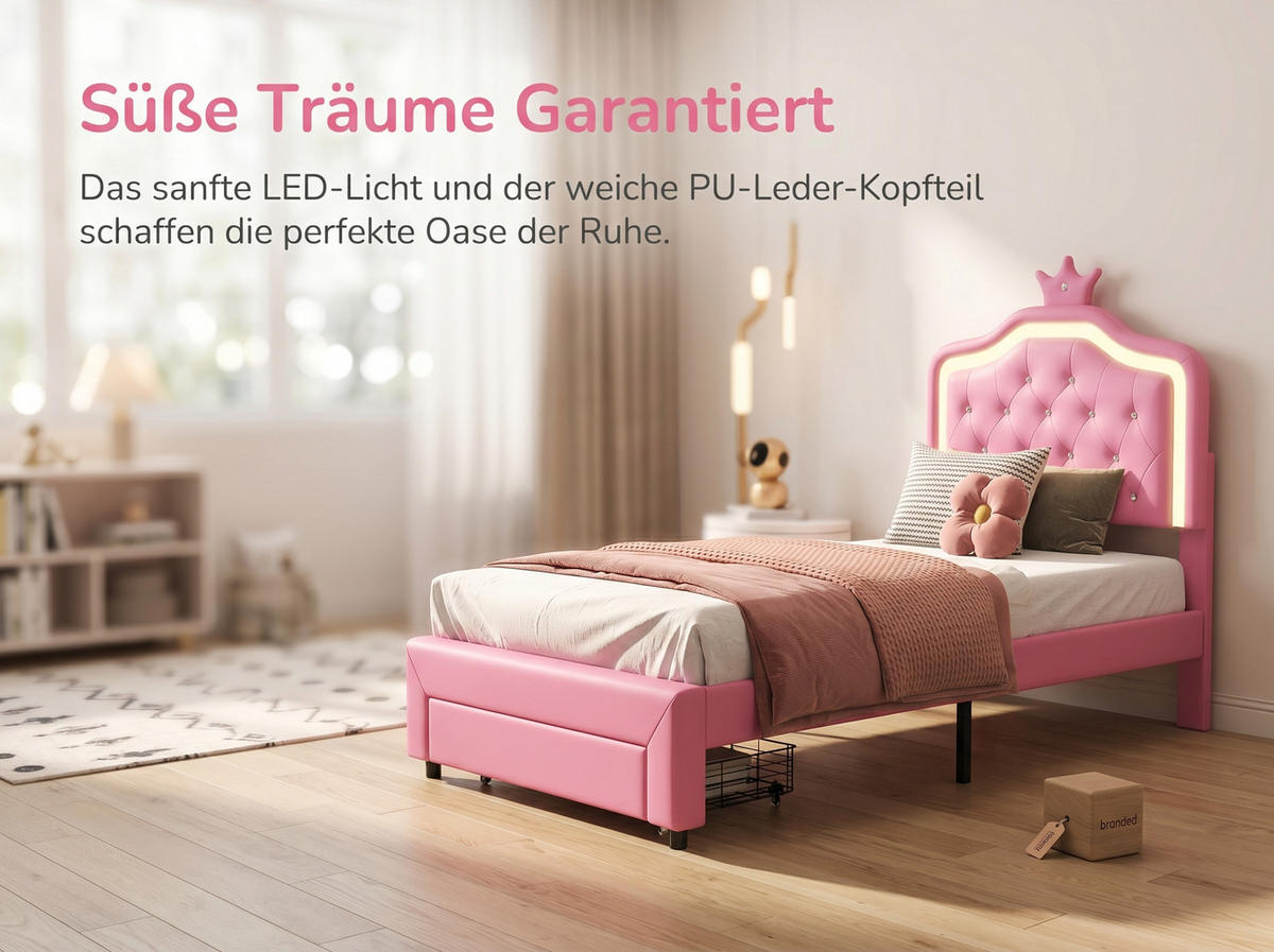 KINDERBETT 90x200 cm in Rosa mit LED und Schublade,Kunstleder - Rosa, Leder/Holz (90/200cm) - PARAFTA HOME