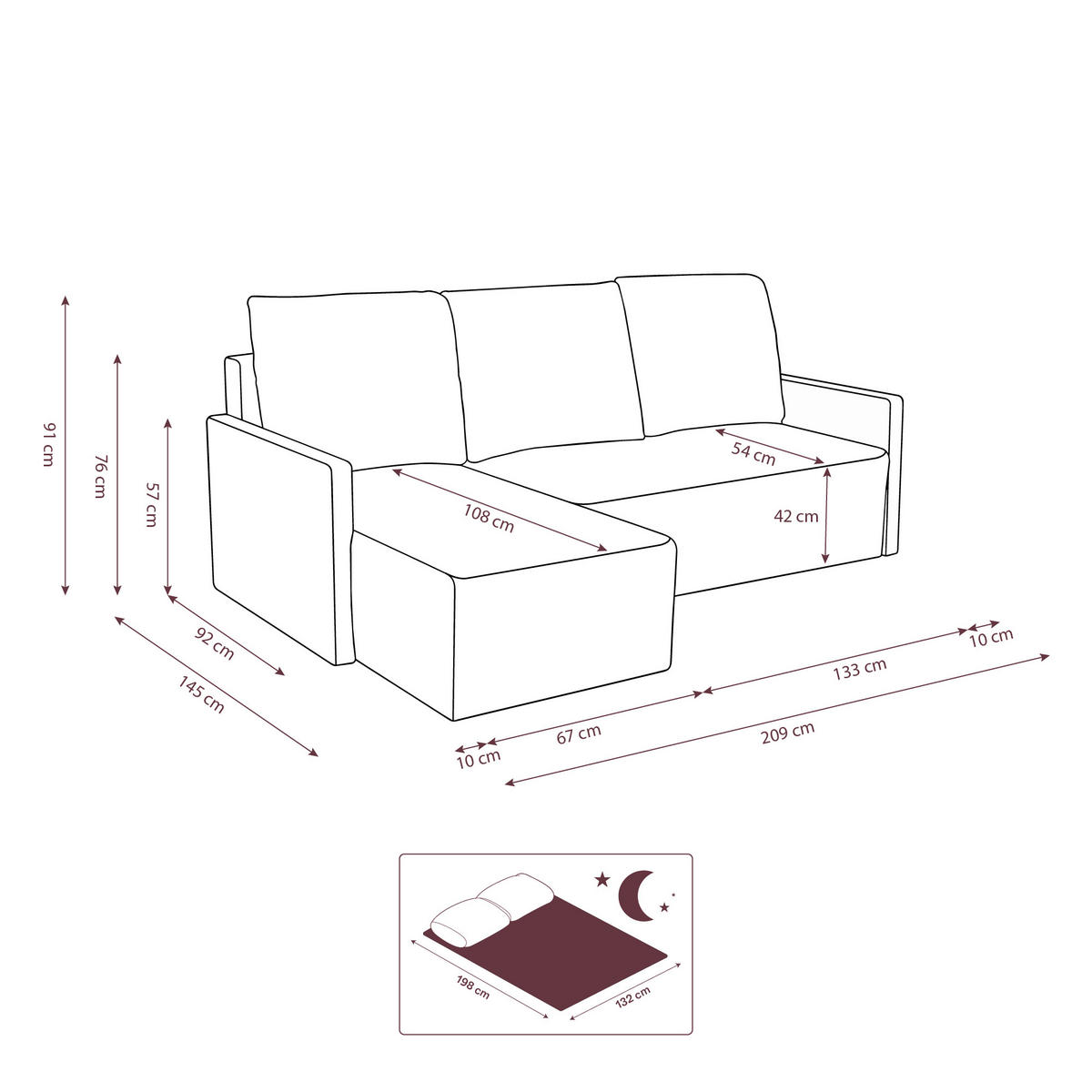 ECKSOFA GARDA L universell links/rechts montierbar mit Schlaffunktion 132x198 cm Cord Rosa - Pink/Schwarz, Holz/Kunststoff (209/145cm) - NACANAPA
