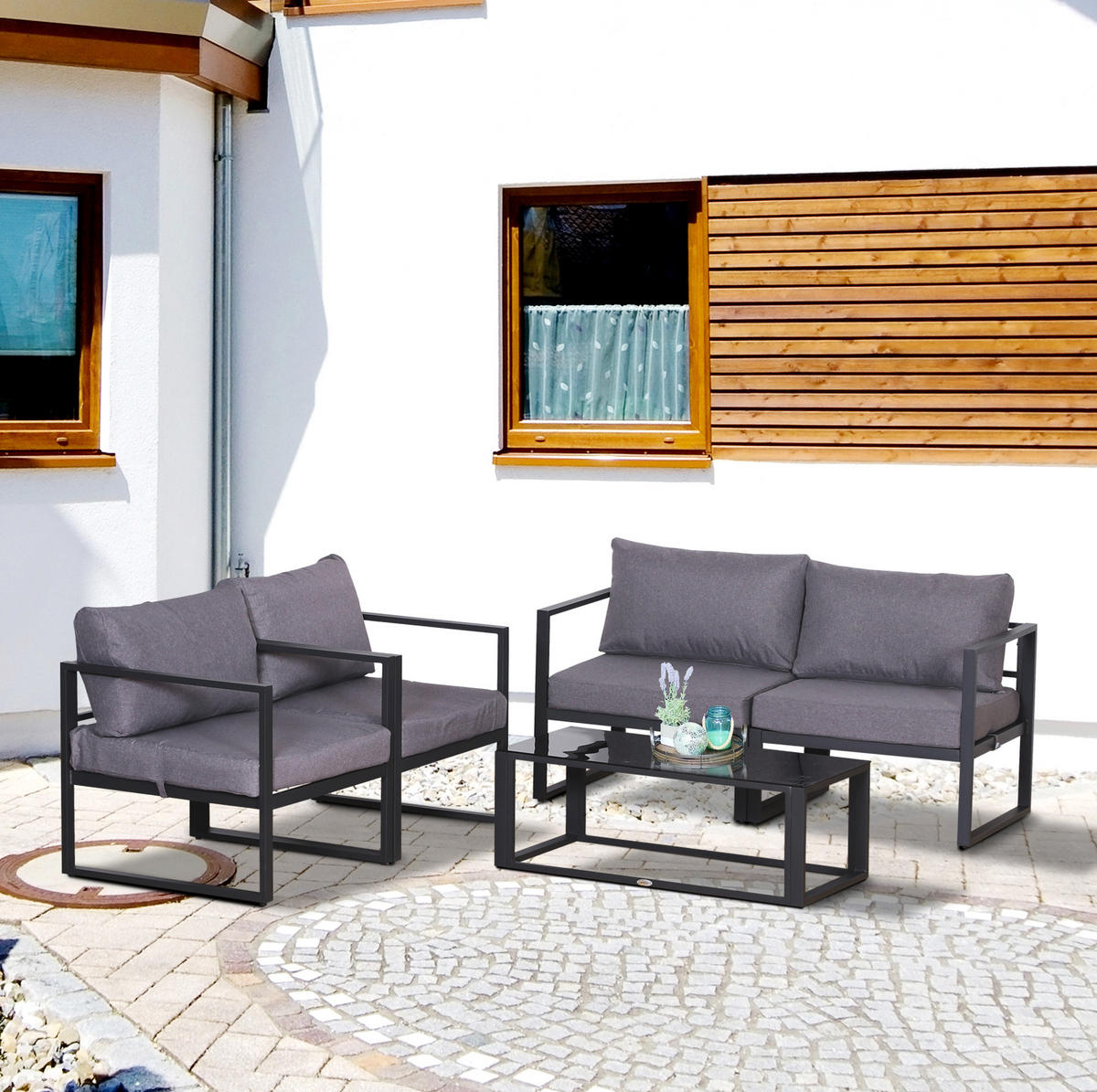 GARTENMÖBEL-SET 138/69/63 cm kombinierbar mit Sitzkissen und Tisch mit ESG-Glasplatte, Grau - Grau, Metall - Redom