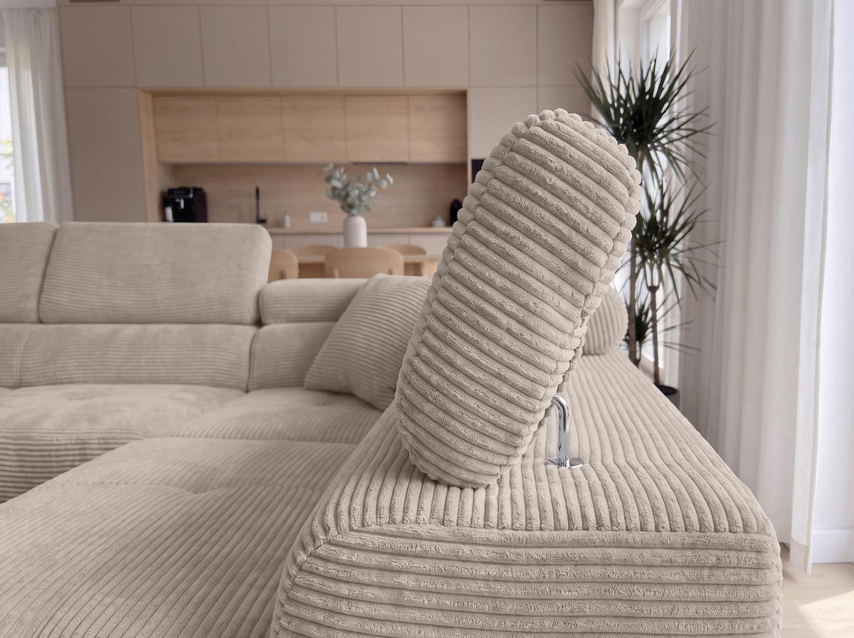 ECKSOFA L Form Konak Beige 276/201/90 cm Rechts mit Schlaffunktion - Beige/Silberfarben, Textil/Metall (276/203cm) - AX Living