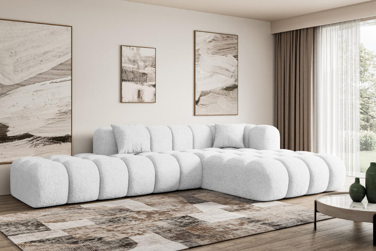 ECKSOFA Ottomane Rechts OLEA-L2 - 289x176x71 cm Weiß Bouclé - Schwarz/Weiß, Holzwerkstoff/Kunststoff (289/176cm) - ALTDECOR