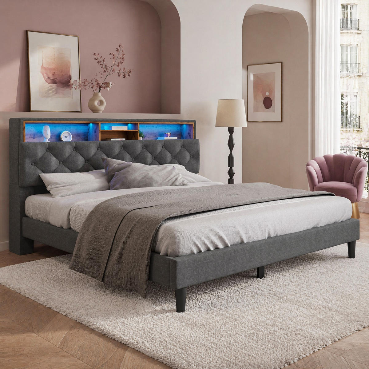 POLSTERBETT 140/200 mit Stauraum-Kopfteil und LED in Grau - Grau, Holzwerkstoff/Textil (140/200cm) - EVRYAE