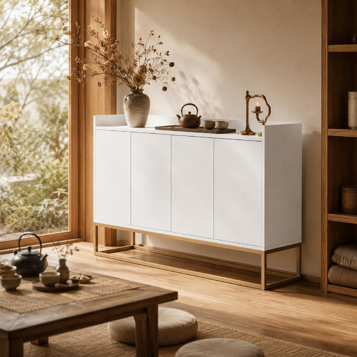 SIDEBOARD weiß 120x30x80 cm mit 4 Türen und goldfarbenem Metallgestell - Weiß, Holzwerkstoff (30/80/120cm) - SHOPENTRA