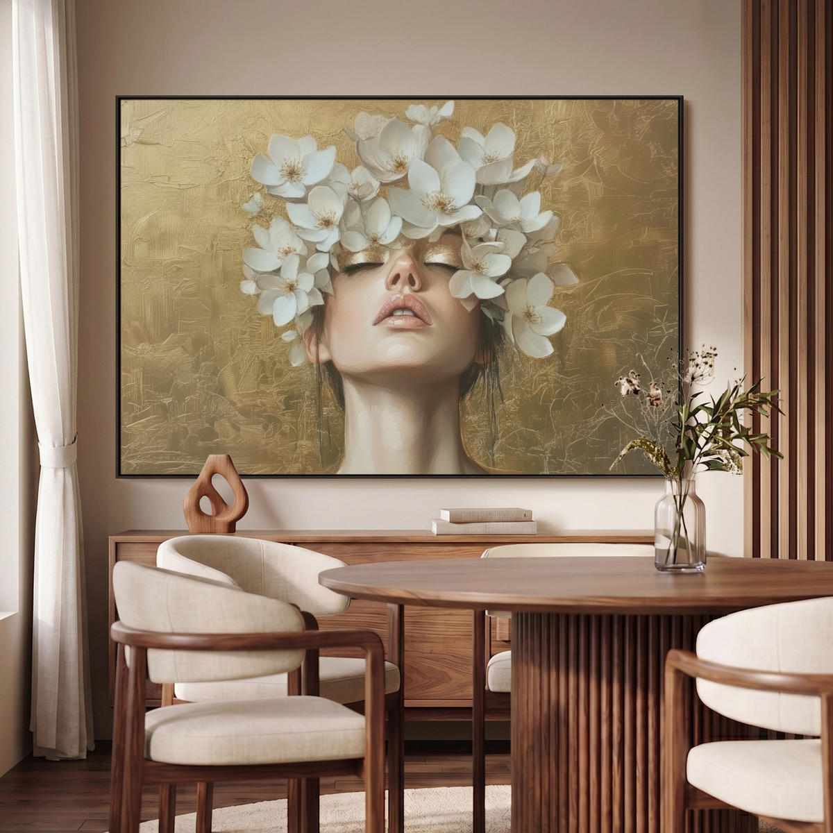 LEINWAND Bilder mit Rahmen - Gesicht - Blumen - Gold - Abstrakt - 120x80 - Goldfarben, Textil (120/80cm) - MuchoWow