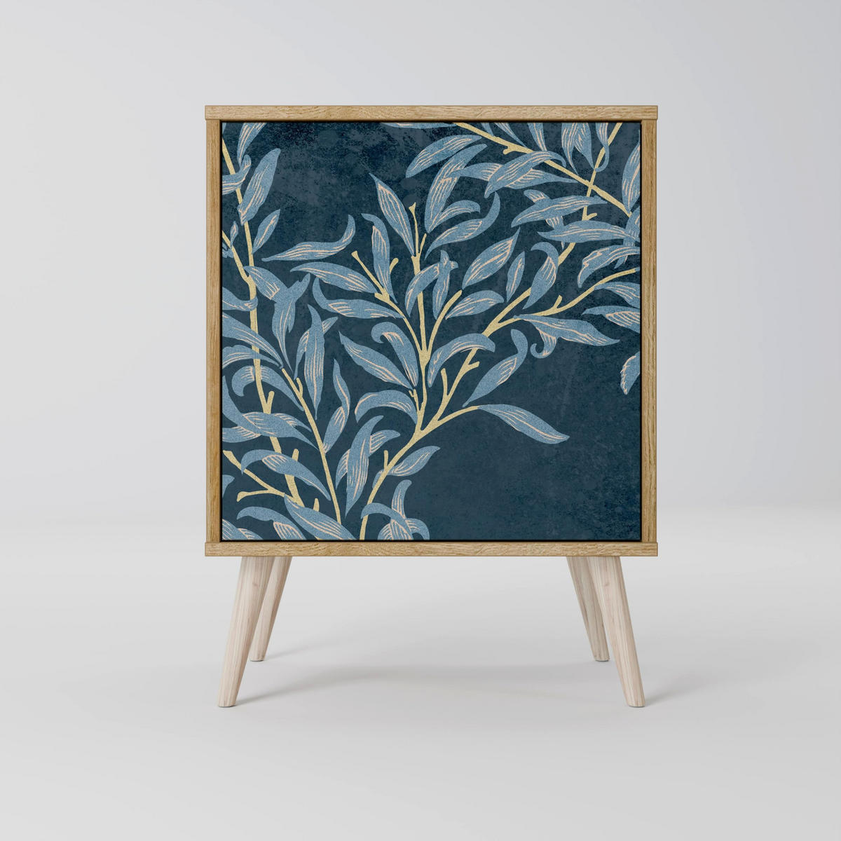 SIDEBOARD BLUE LEAVES, Grau, 57,5x42x72,5 cm, Schwarze Metallfüße - Multicolor/Schwarz, Holzwerkstoff/Metall (57.5/72.5/42cm) - SpaceRebels