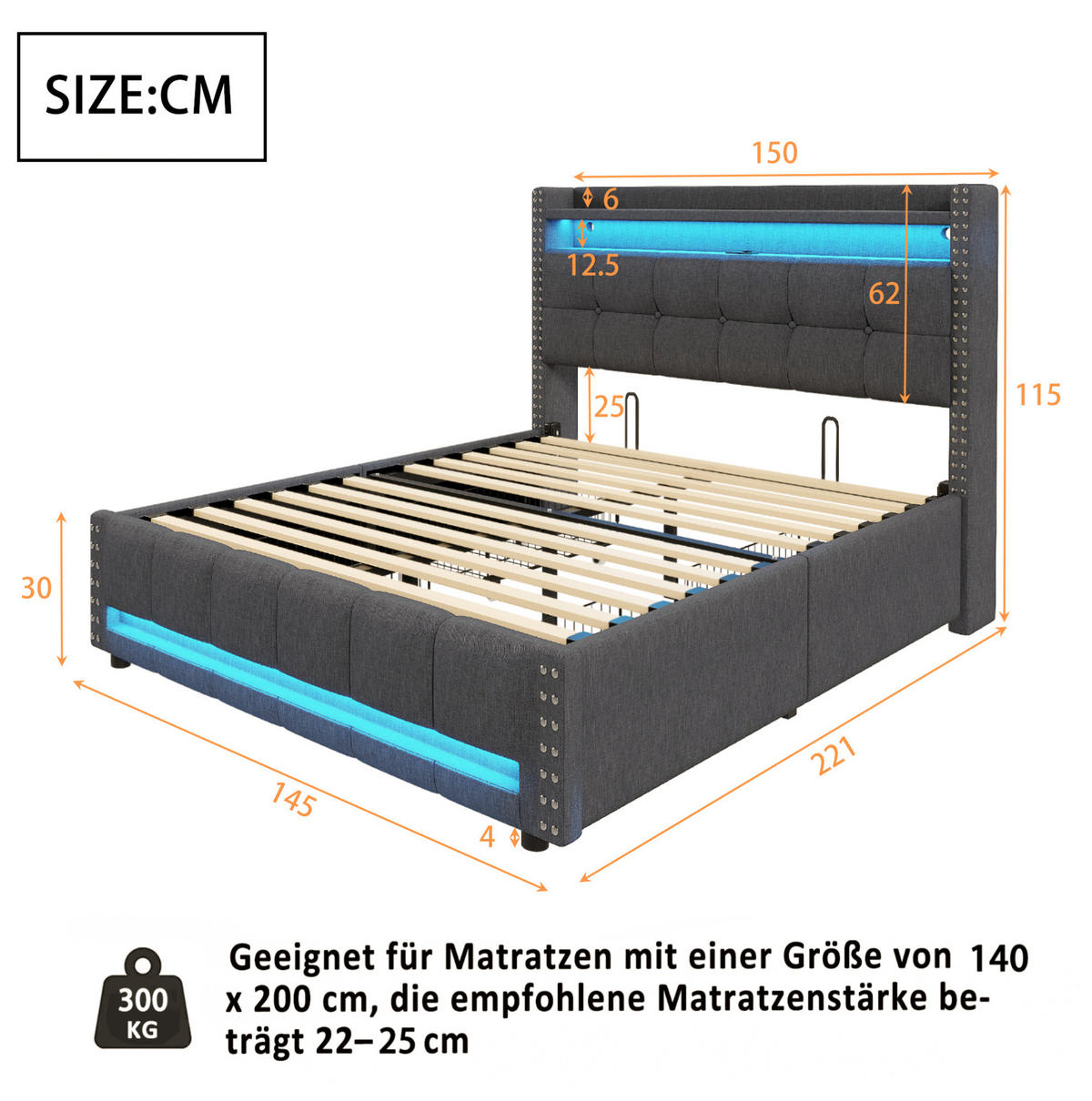 ČALOUNĚNÁ postel, 140/200 cm, šedá, s LED osvětlením, USB a úložnými zásuvkami - šedá, textil (140/200cm) - BEAOK
