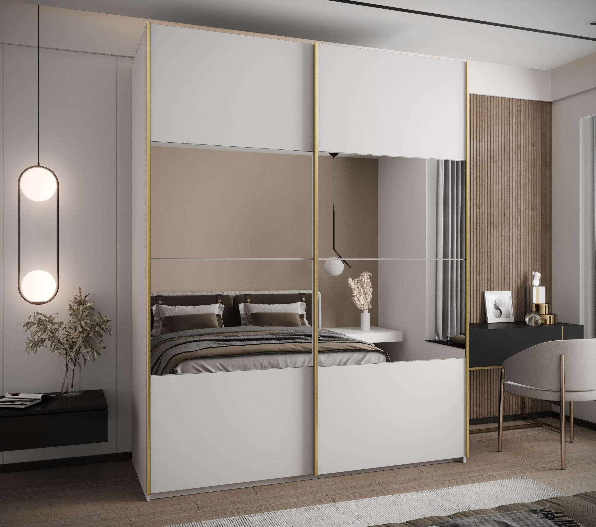 SCHWEBETÜRENSCHRANK 245,5/200/64 2-türig - Goldfarben/Weiß, Holz/Metall (200/245/64cm) - Abiks Möbel