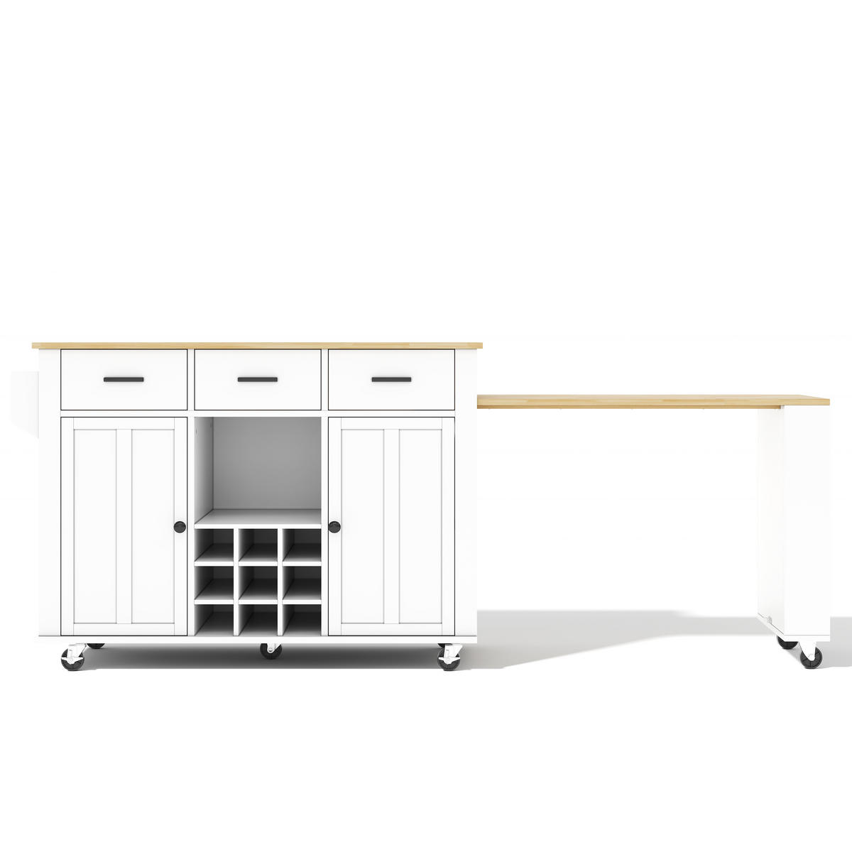 KÜCHENINSEL 93 cm MDF Natur Weiß mit Ausziehbarer Arbeitsplatte und Weinregal - Weiß, Holzwerkstoff (50/93/136cm) - Korfee